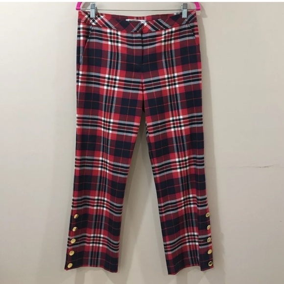 Trina Turk Mercury Pants Ankle Plaid Tartan Red Navy Size 8 Womens Holiday Xmas - Picture 4 of 11
